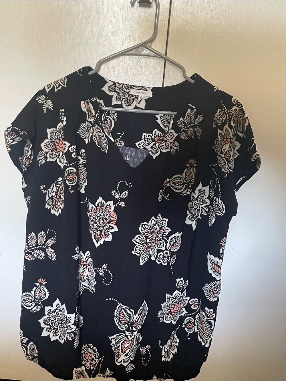 Maurices Black Floral V-Neck Short Sleeve Blouse with Blush Accents